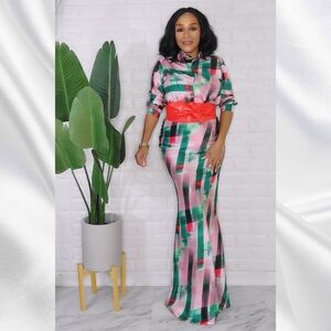 The Green Collar Neck Silky High Waist Skirt and Top Set